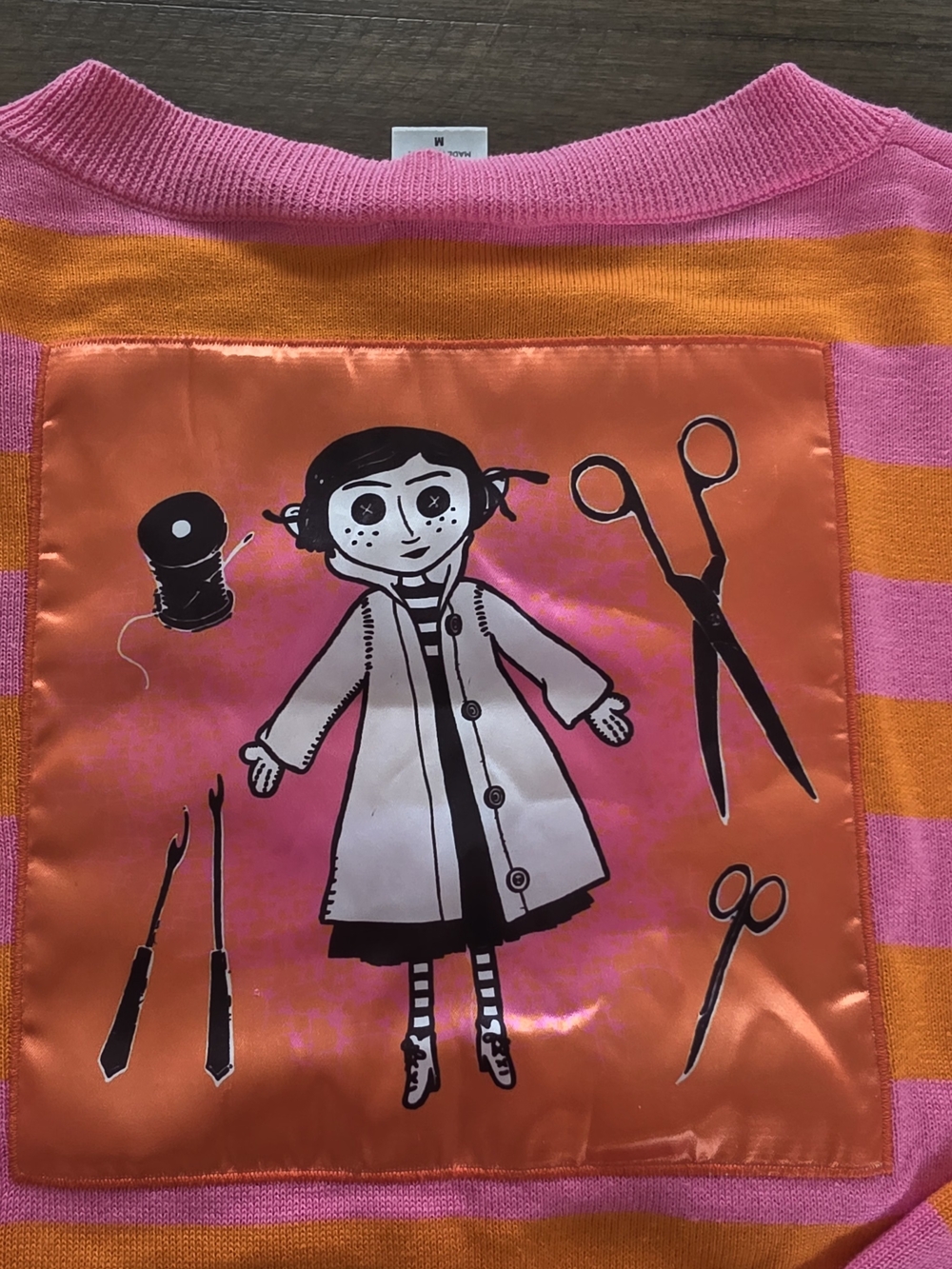Women's Striped Knit Sweater with Doll Patch - Pink & Orange - Picture 6 of 10